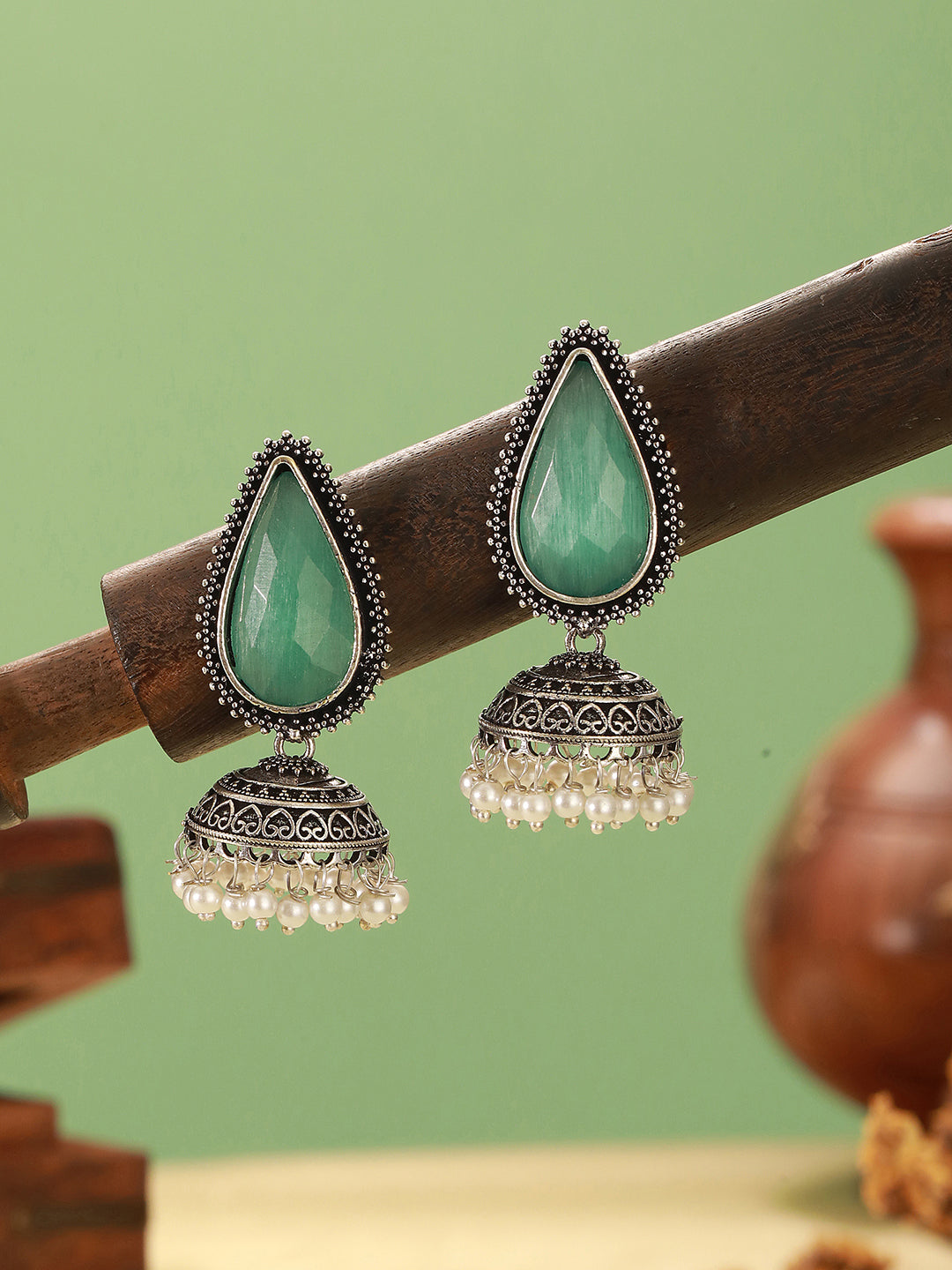 Oxidised Silver-Toned Green Stone & Pearl Beaded Teardrop Stone Handcrafted Jhumka Earrings